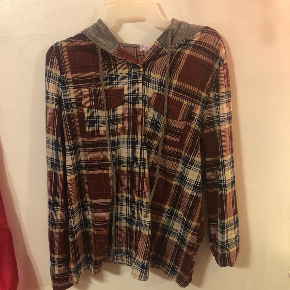 Burgundy and gray button-down shirt